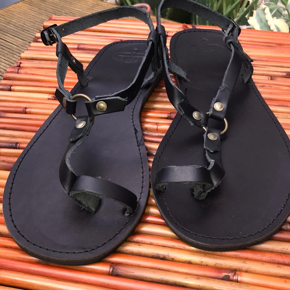 Ananas black leather sandals made in Greece sz 13